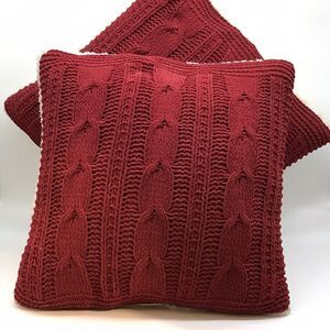 2 Cannon Cable Knit Sweater Throw Pillows Faux Fur Back Burgundy & Cream 15 Inch